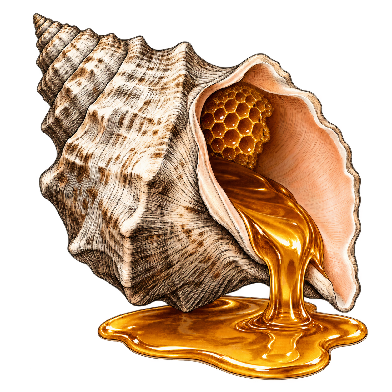 An engraved conch shell with golden honeycomb inside and honey spilling out